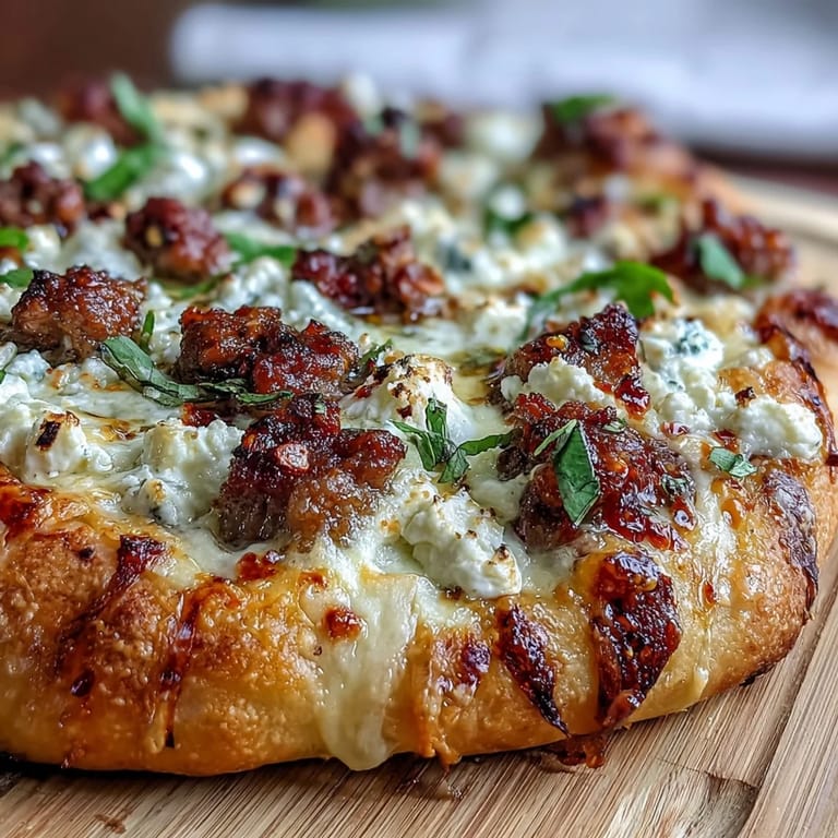 A golden-brown hot sausage feta honey pizza fresh from the oven, topped with crumbled feta and a vibrant herb garnish.