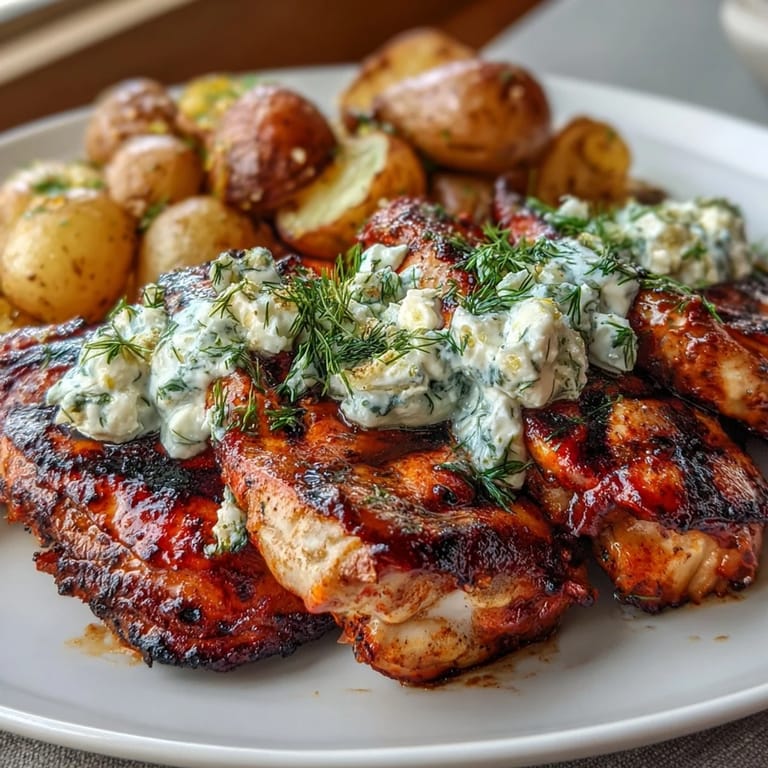 Juicy grilled chicken, tangy cream, crispy potatoes: a delicious spicy dish.