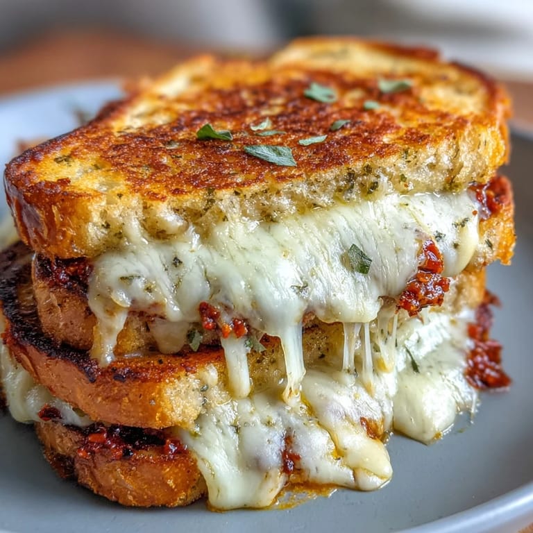 Buttery Sun-Dried Tomato Pesto Grilled Cheese slices served beside a bowl of tomato soup.