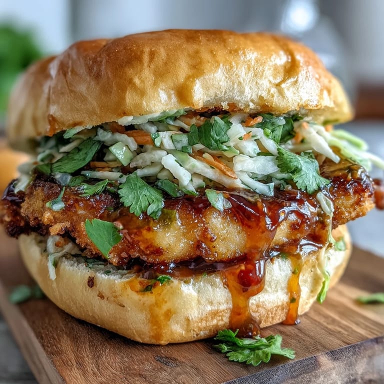 Crispy Thai-spiced chicken sandwich with spicy sriracha mayo, crunchy slaw, and vibrant pickled carrots on a soft bun.  