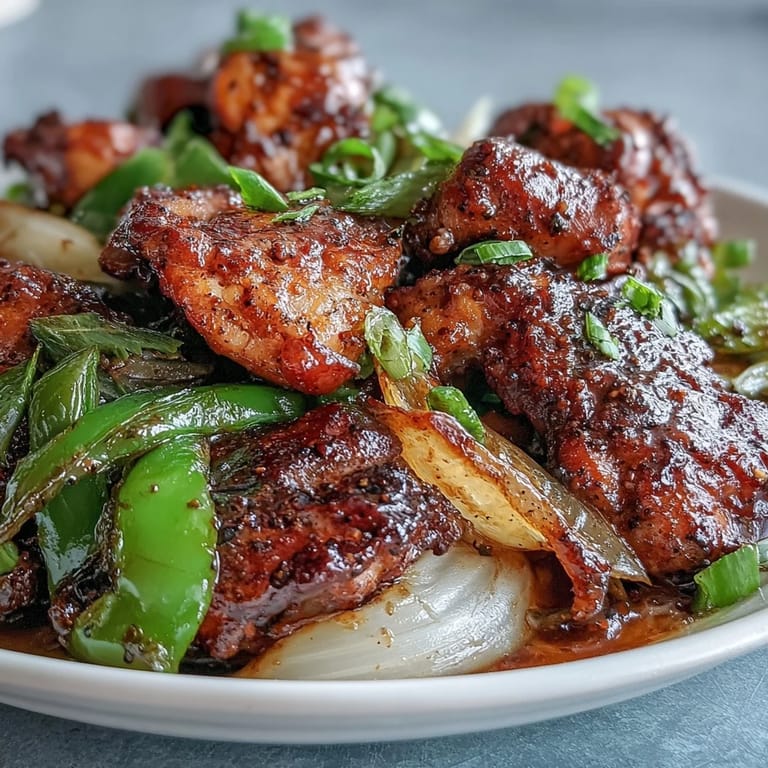 A close-up of Black Pepper Chicken stir-fry, garnished with fresh green onions, served over fluffy steamed white rice.