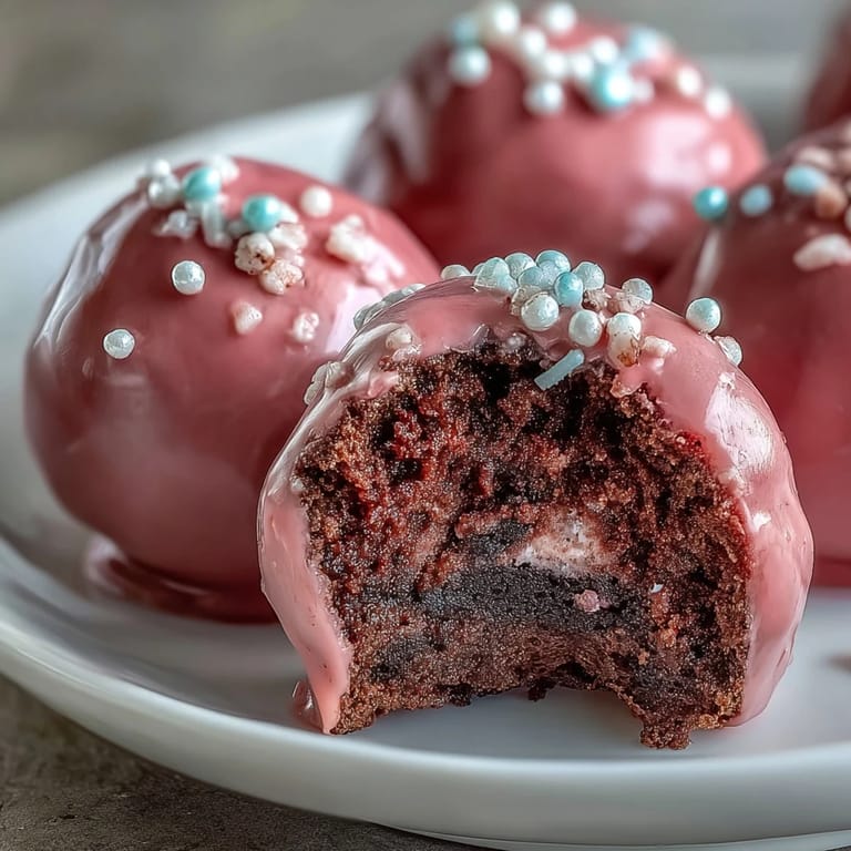 Stack of Oreo Truffle Balls with pink candy coating, decorated with edible pearls and perfect for serving at a bridal shower.