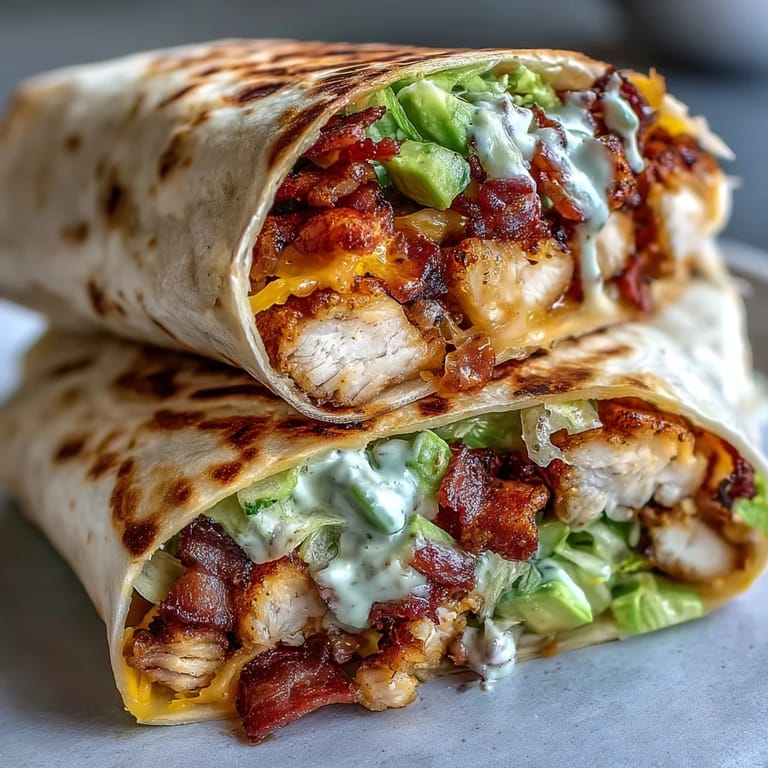 A diagonal-cut view of the crispy chicken bacon wrap reveals layers of juicy chicken, crunchy bacon, and shredded cheddar inside.