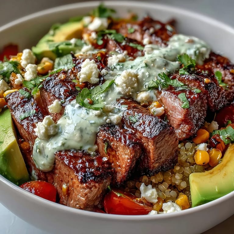 Creamy avocado and tender steak mingle with roasted corn in this Tex-Mex bowl, drizzled with zesty cilantro cream.