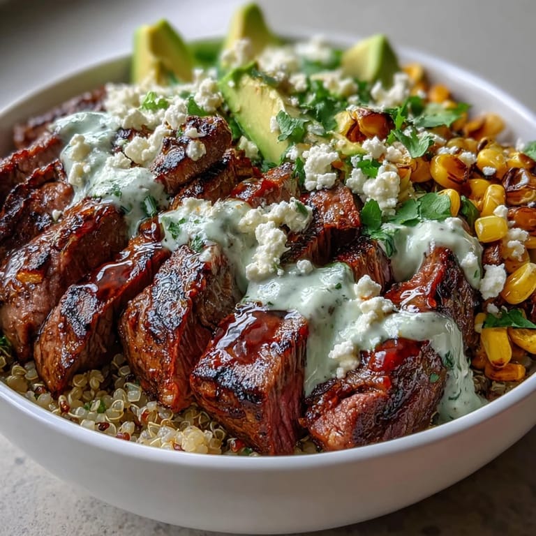 Golden roasted corn, juicy steak, and avocado slices in a rice bowl with cilantro cream sauce and lime wedges.