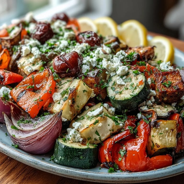 A colorful platter of Roasted Mediterranean Greek Vegetables served with crumbled feta and parsley