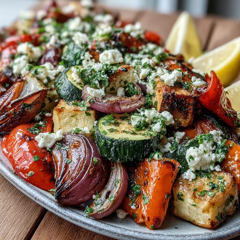 Roasted Mediterranean Greek Vegetables tossed with lemon juice, olives, and warm pita bread