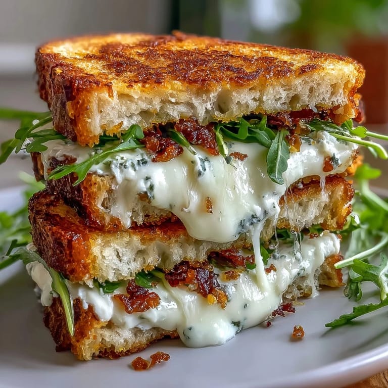Goat Cheese Grilled Cheese with Honey & Chili Flakes halved on a plate, honey glazing the bread, paired with fresh arugula and thin apple slices.