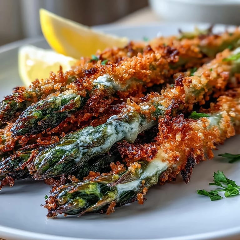 Tender Crispy Asparagus Asiago Spears with a golden crust and hints of smoked paprika, served hot with a side of dipping sauce.