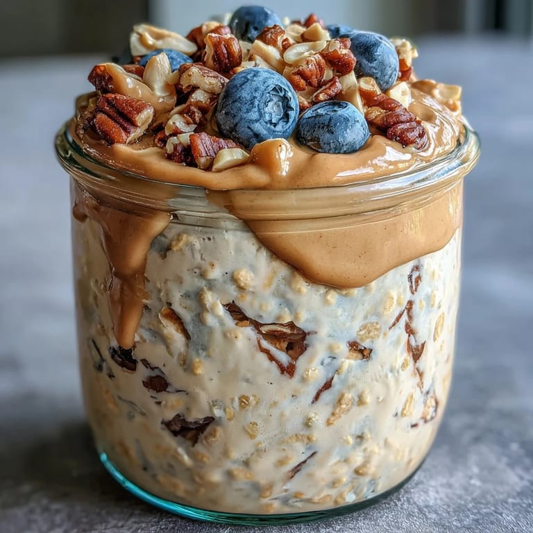 A spoonful of velvety high-protein peanut butter overnight oats is topped with blueberries and a drizzle of honey beside a cozy mug of coffee.  