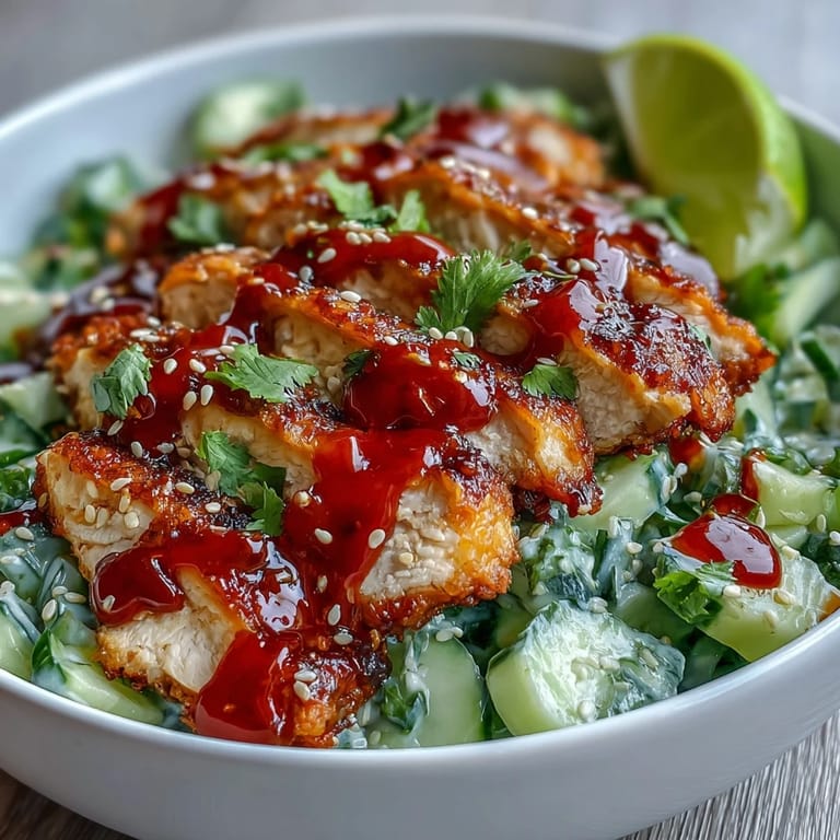 Easy TikTok Chili-Crisp Cucumber Chicken Bowls garnished with sesame seeds and paired with lime wedges for a bright finish.