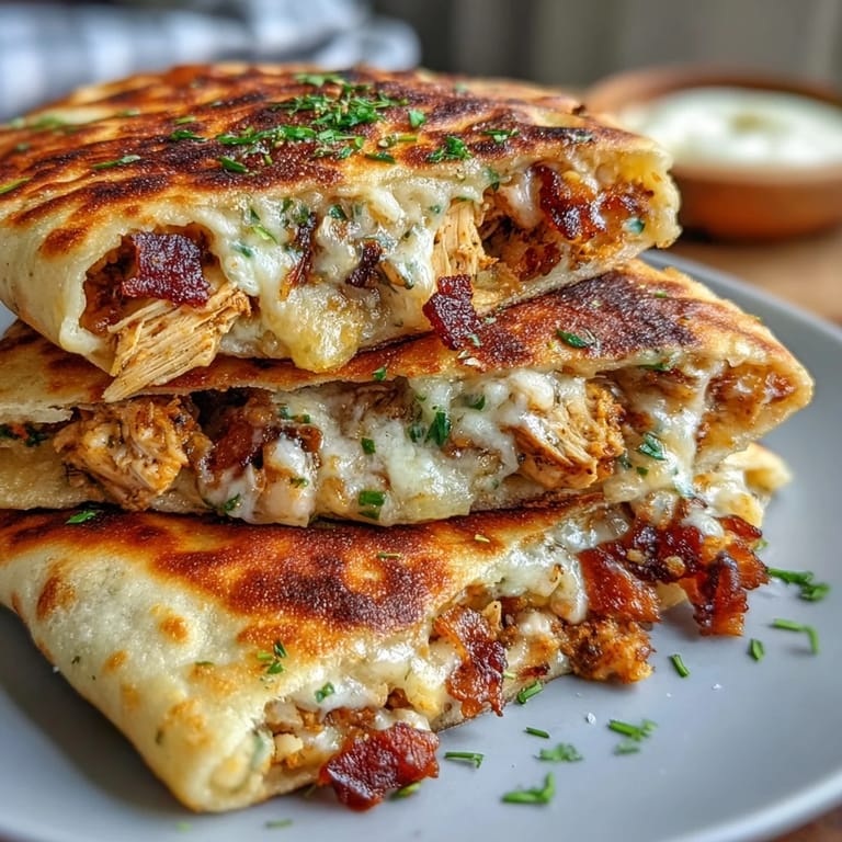 Fork cutting into a warm half-moon garlic naan filled with shredded ranch chicken