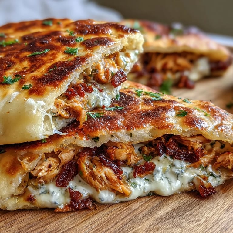 Plated Ranch Crack Chicken Stuffed Naan served with a side of creamy ranch dip