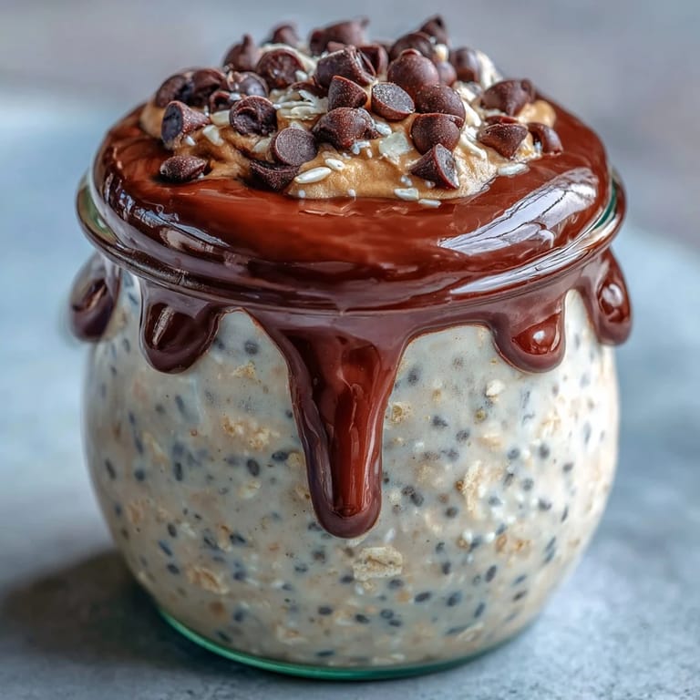 Peanut Butter Cup Overnight Oats with creamy oats and a cocoa ganache layer.