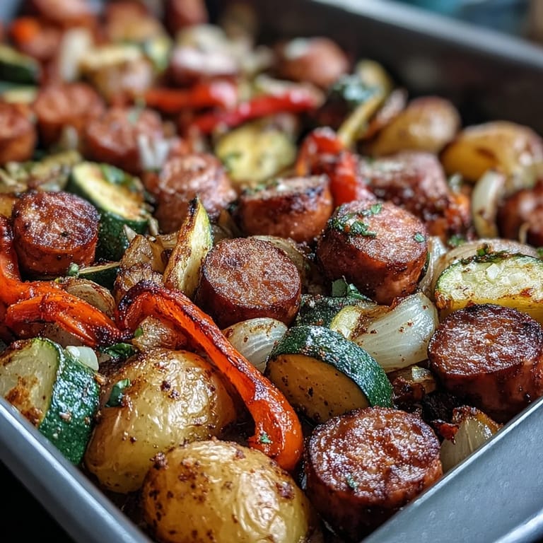 Smoky Sheet Pan Sausage & Veggies with Naan features caramelized peppers and zucchini alongside savory sausage, ready for dipping into buttery naan.