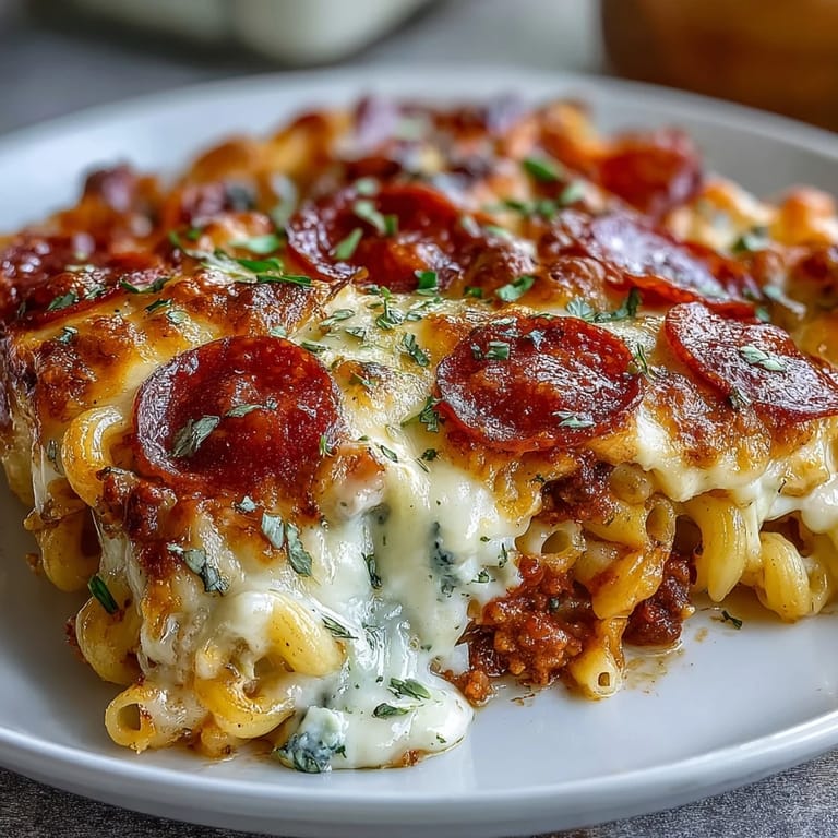Spoonful of creamy High-Protein Pizza Pasta Bake revealing tender pasta, lean beef, and colorful peppers in a rich red sauce.