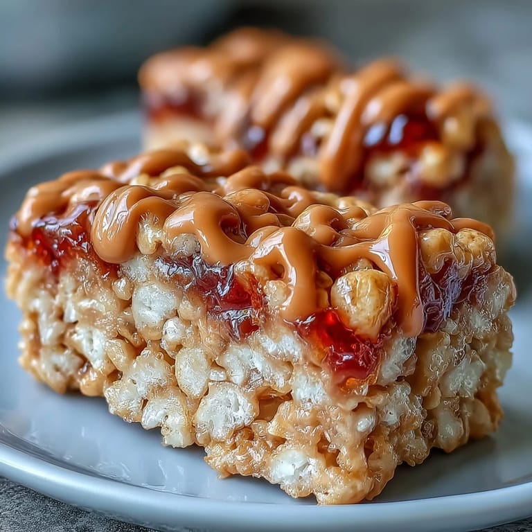 Homemade High-Protein PB&J Rice Krispie Bars showing chewy texture and a generous, glossy jelly topping, perfect for snacks.