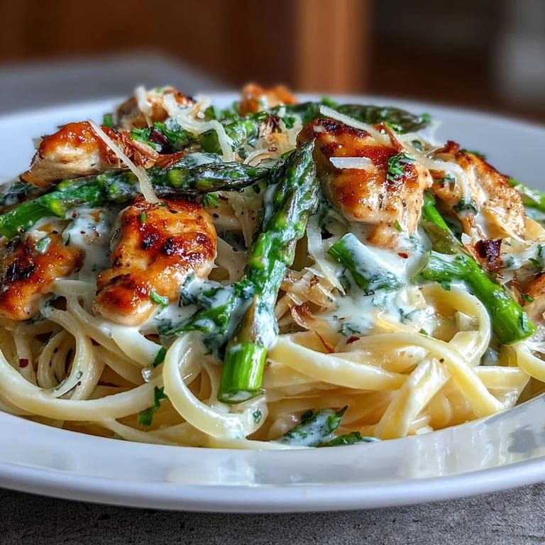 Tender chicken pieces and linguine noodles are coated in a rich, velvety Asiago cheese sauce.