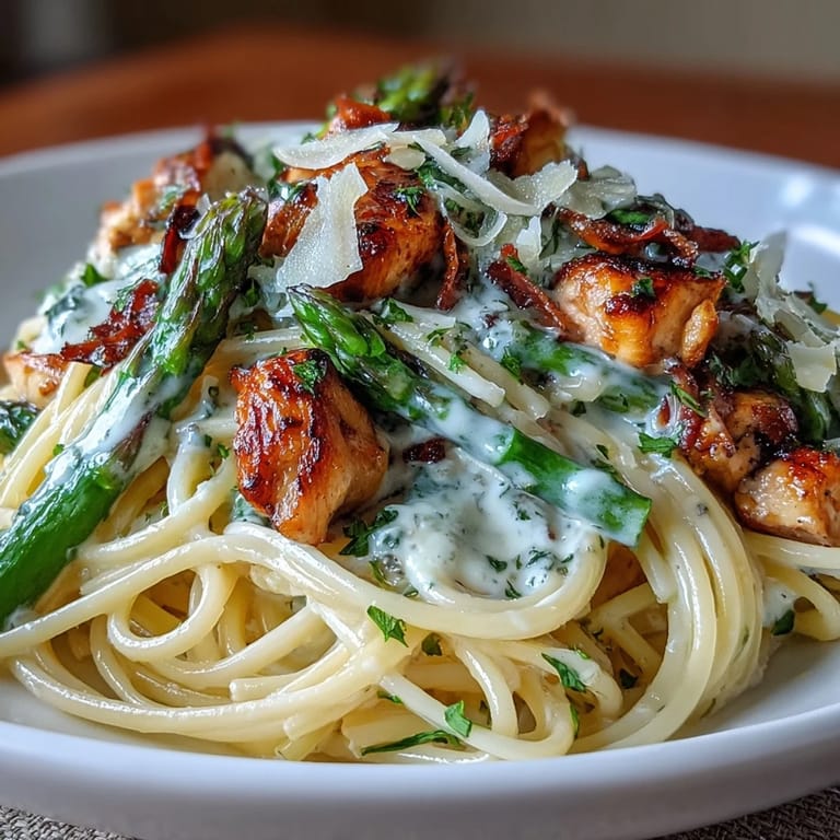 Sizzling chicken and crisp asparagus get tossed with linguine for this hearty Creamy Asiago Chicken & Asparagus Pasta.