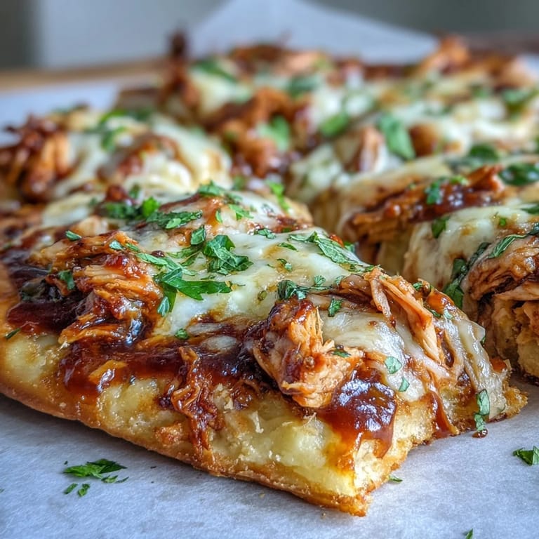 Close-up of Garlic Naan Chicken Enchilada Pizzas showing tender chicken, zesty red sauce, and gooey cheese pulling from the slice.