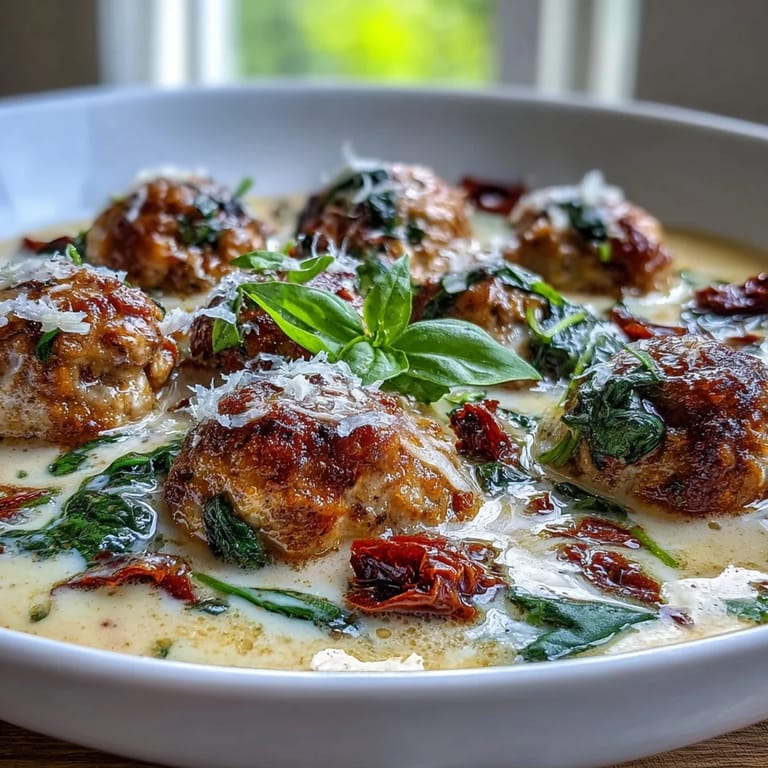 A spoon breaks open a tender turkey meatball in the Creamy Tuscan Turkey Meatball Soup, revealing a juicy, herb-filled center.