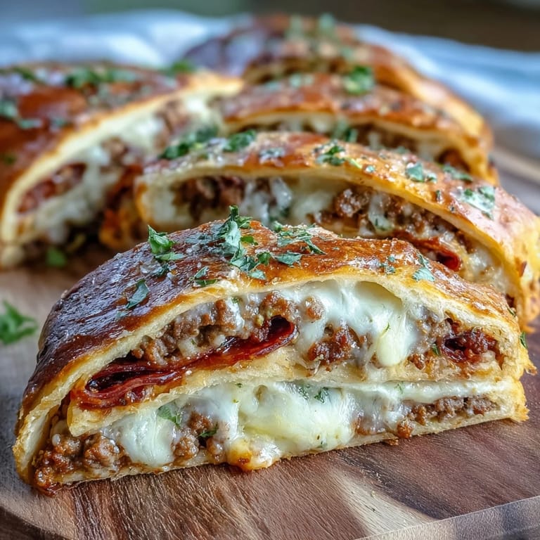 Hearty slices of Baked High-Protein Pepperoni Stromboli served warm with a small bowl of marinara sauce for dipping on a wooden table.