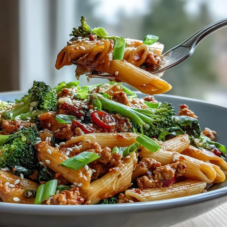 A vibrant serving of Sweet & Spicy Turkey Broccoli Pasta garnished with green onions and sesame seeds, ready to be enjoyed hot.