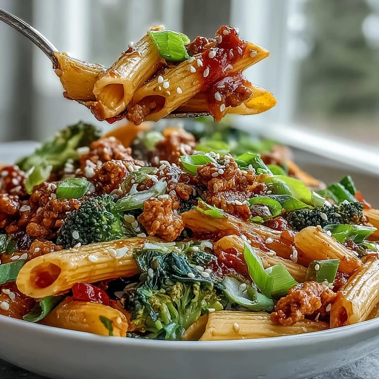 Golden penne pasta tossed with tender ground turkey and bright red bell peppers in a sweet and spicy sauce, served as a hearty weeknight meal.