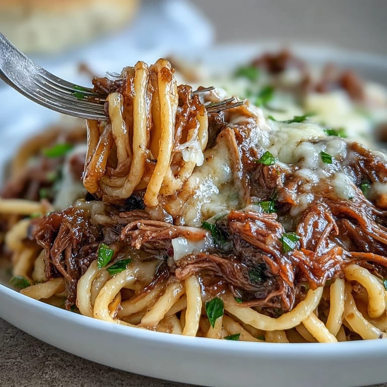 Serving suggestion for Crockpot French Onion Pot Roast Pasta with a side salad and crusty bread.