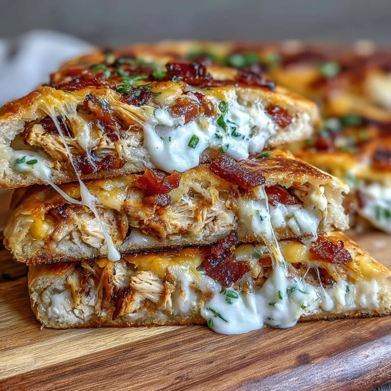 Freshly sliced wedges of Ranch Crack Chicken Stuffed Naan revealing layers of shredded chicken, cheese, and bacon.