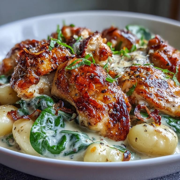 A rustic, one-pan dinner featuring juicy chicken thighs, golden gnocchi, garlic, and spinach in a creamy sauce, perfect for busy weeknights.