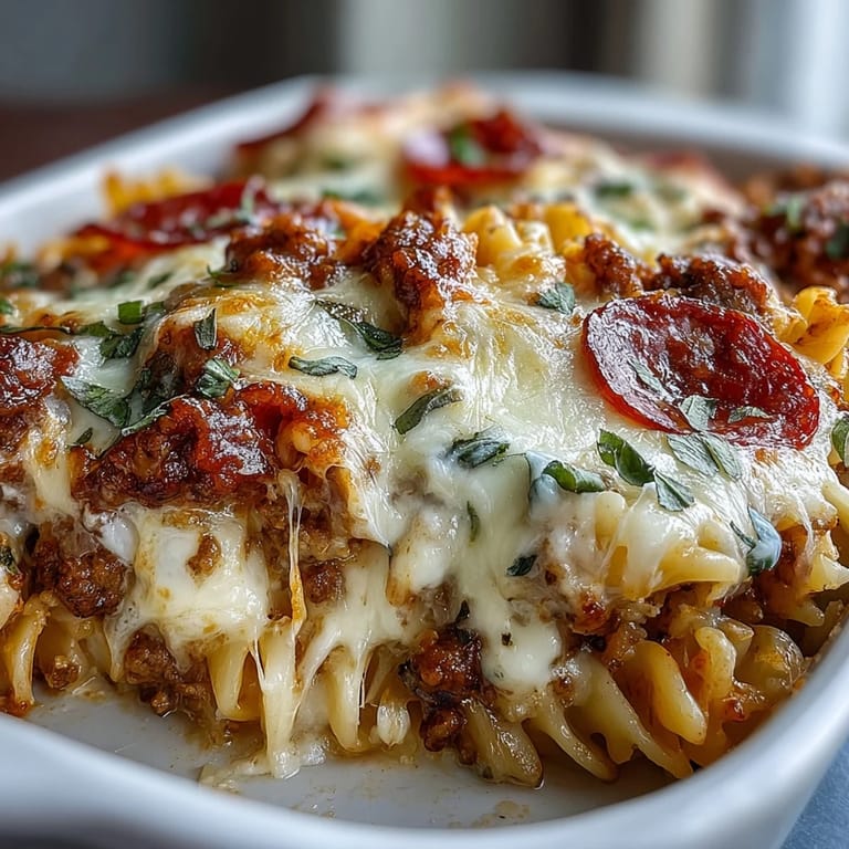 A close-up of a High-Protein Pizza Pasta Bake shows golden cheese pull and savory ground beef sauce in a baking dish.