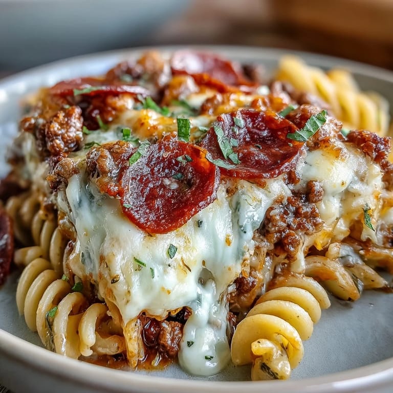 Fresh chopped basil garnishes a spoonful of creamy High-Protein Pizza Pasta Bake layered with melty cheese and pasta. 