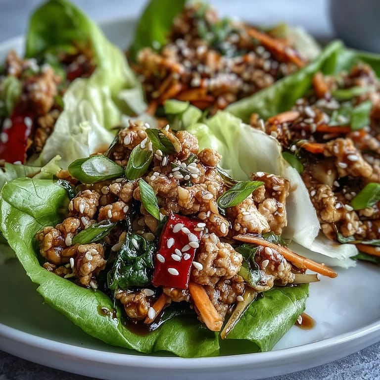 Close-up of savory Turkey Potsticker Stir-Fry Lettuce Wraps in romaine leaves, garnished with scallions and sesame seeds, ready to serve as a light meal.