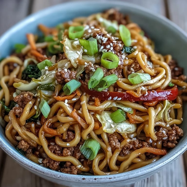 Steam rises from a wok of Korean Turkey Fried Noodles, showcasing glossy noodles, crisp vegetables, and savory ground turkey coated in a spicy red sauce.