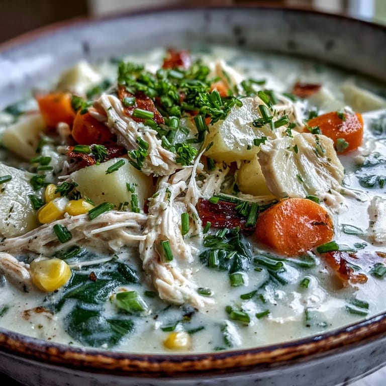 A spoon lifts creamy Ranch Chicken Veggie Soup, revealing carrots, celery, and red bell peppers in a warm, comforting dinner bowl.