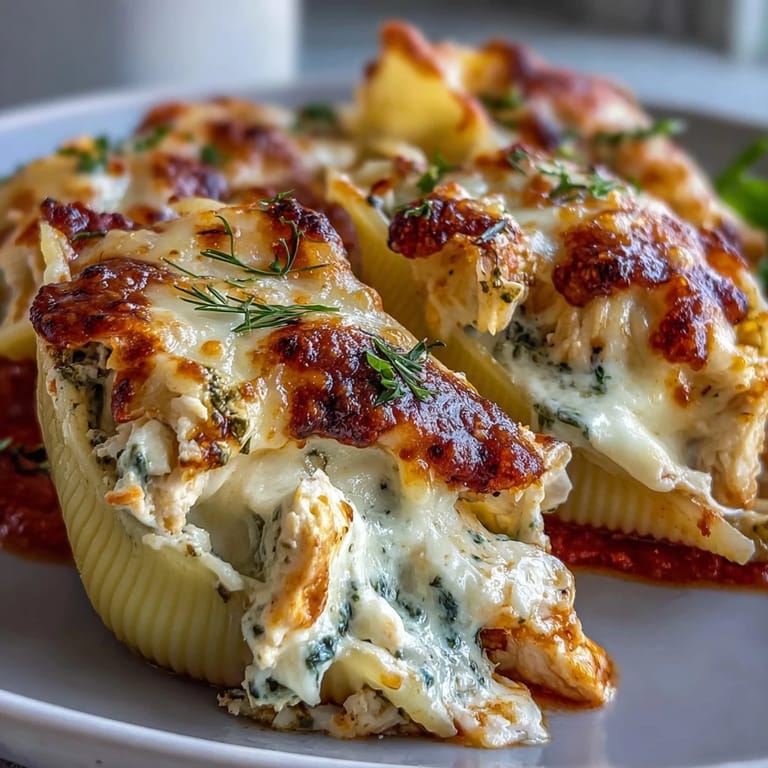 Pesto Lasagna Stuffed Shells plated with a fresh garden salad, showing golden melted cheese and basil garnish.