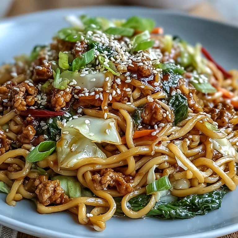 Sizzling ground turkey and crisp vegetables mingle in a wok with pan-fried noodles for a quick, savory dinner.