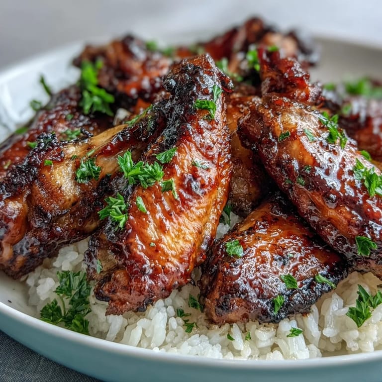 Savory Oven-Baked Honey Garlic Chicken Wings & Rice is plated for dinner, with chopsticks resting nearby ready to eat.