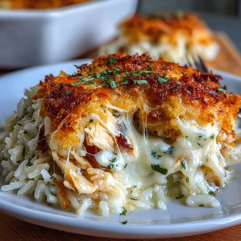Steaming Creamy Garlic Chicken & Rice Casserole reveals tender chicken and peas in a rich, cheesy garlic-Parmesan sauce.