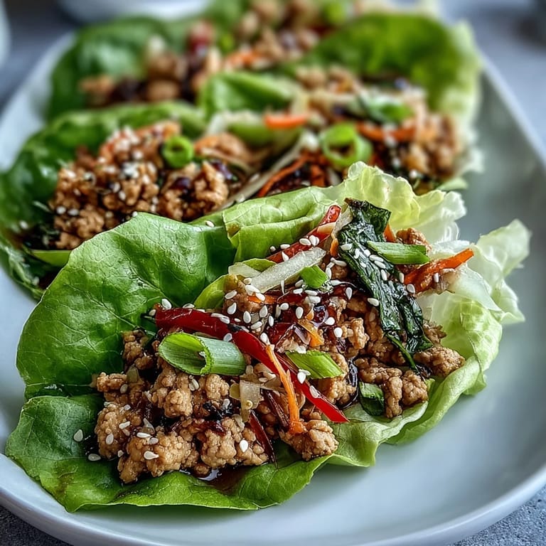 Freshly cooked Turkey Potsticker Stir-Fry Lettuce Wraps filled with tender turkey, shredded carrots, and cabbage, with a hint of chili, presented on a platter for easy weeknight assembly.