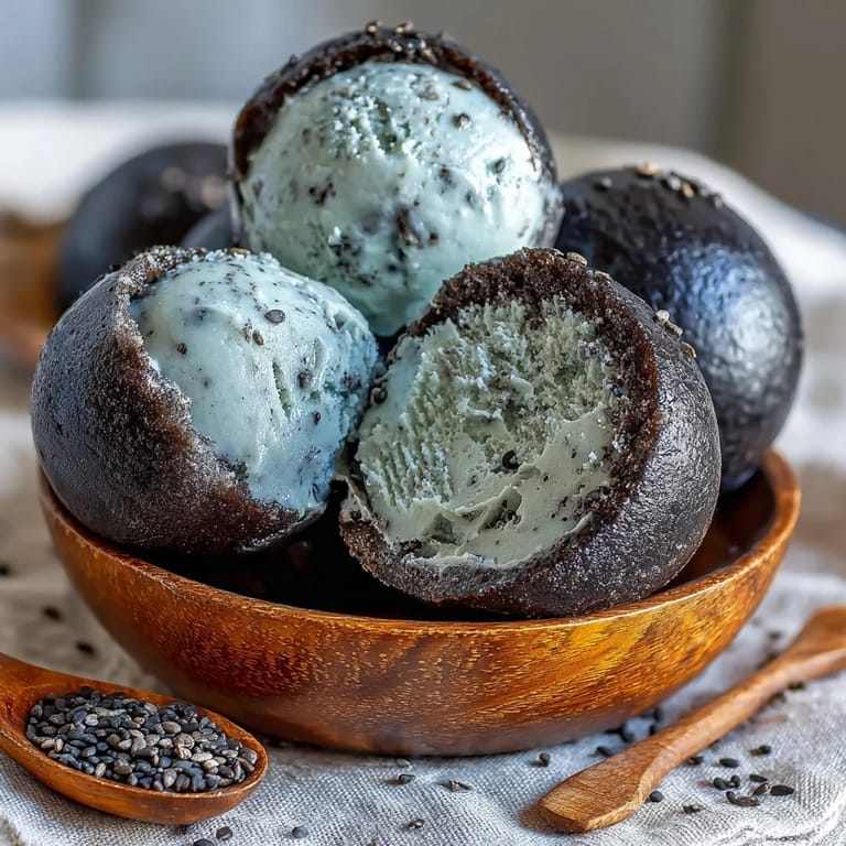 Close-up of homemade Black Sesame Mochi Ice Cream showing the chewy texture and rich gray swirls of the ice cream center.