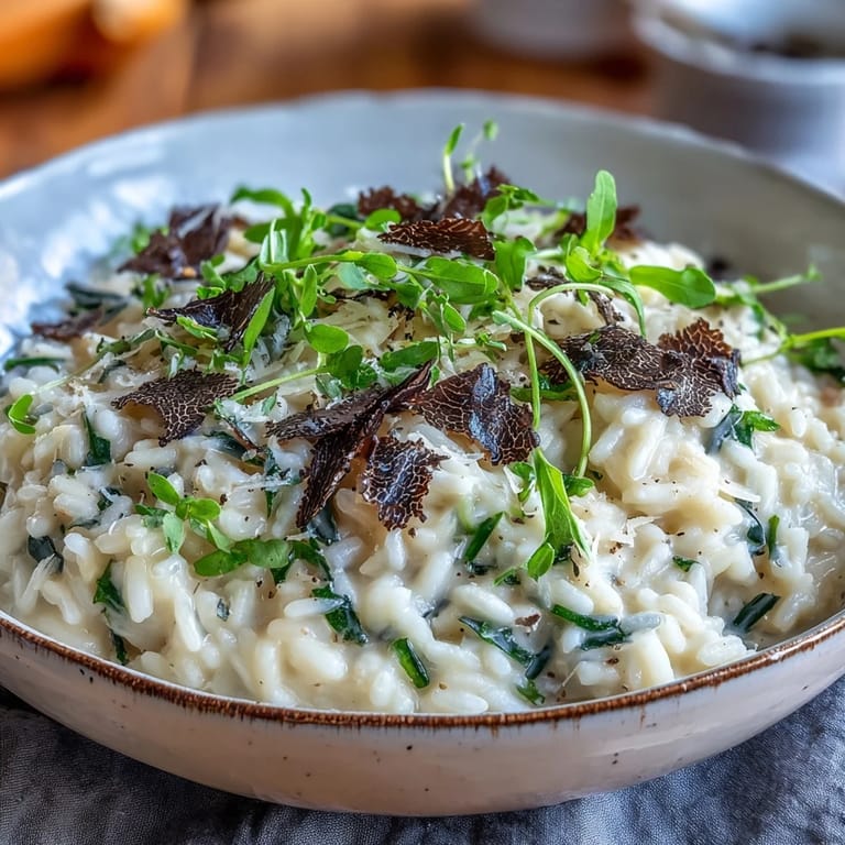 Serving of Truffle Risotto with Pea Shoots paired with a glass of white wine on a rustic table.