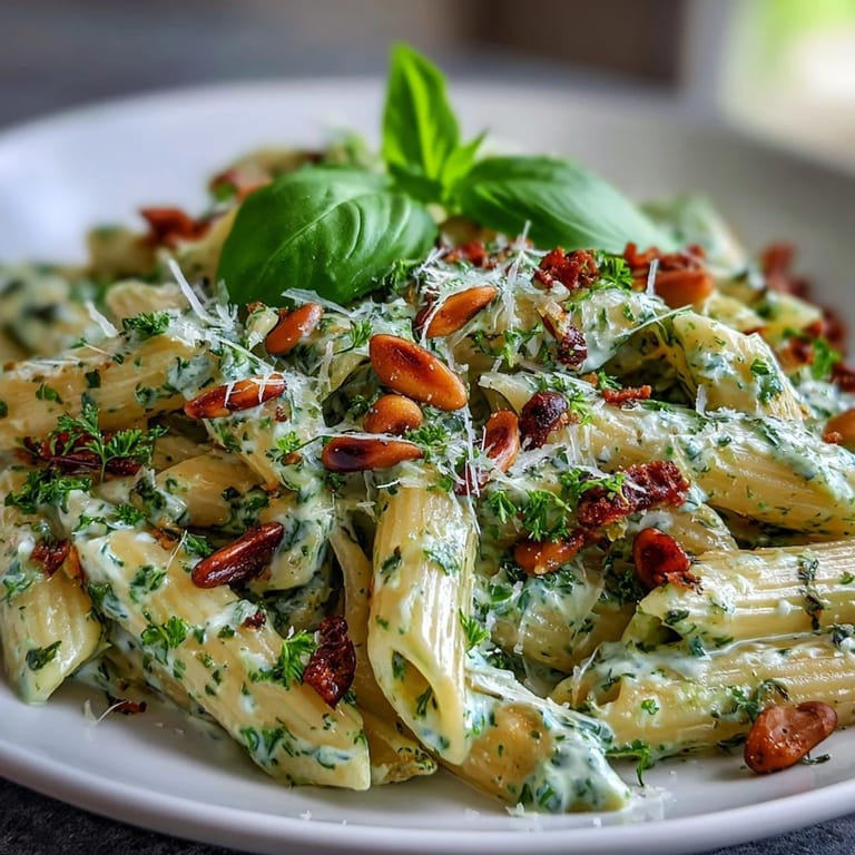 A serving of Cream Cheese Pesto Pasta topped with extra Parmesan and lemon.