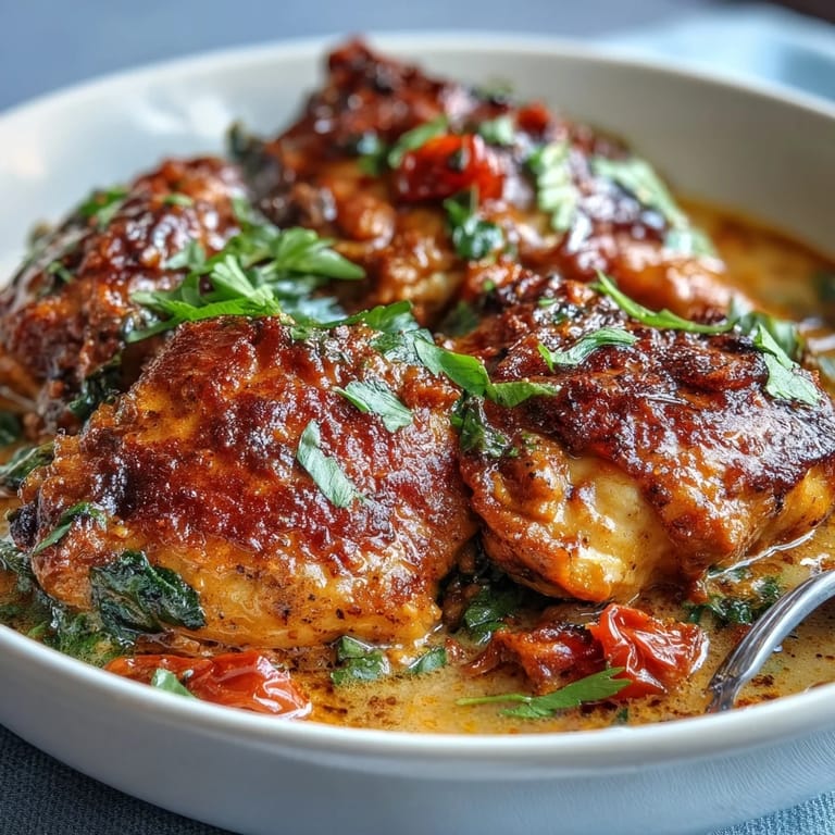 A close-up of a baked chicken thigh coated in a glossy, spicy curry sauce with coconut milk, paired with warm naan and lime wedges.