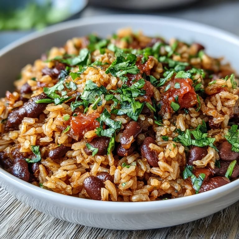 Savory Spanish Rice and Beans served hot in a rustic ceramic bowl.