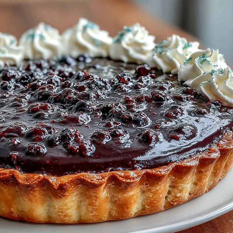Freshly baked Black Currant Tart with a golden-brown crust, topped with whole black currants and zest.