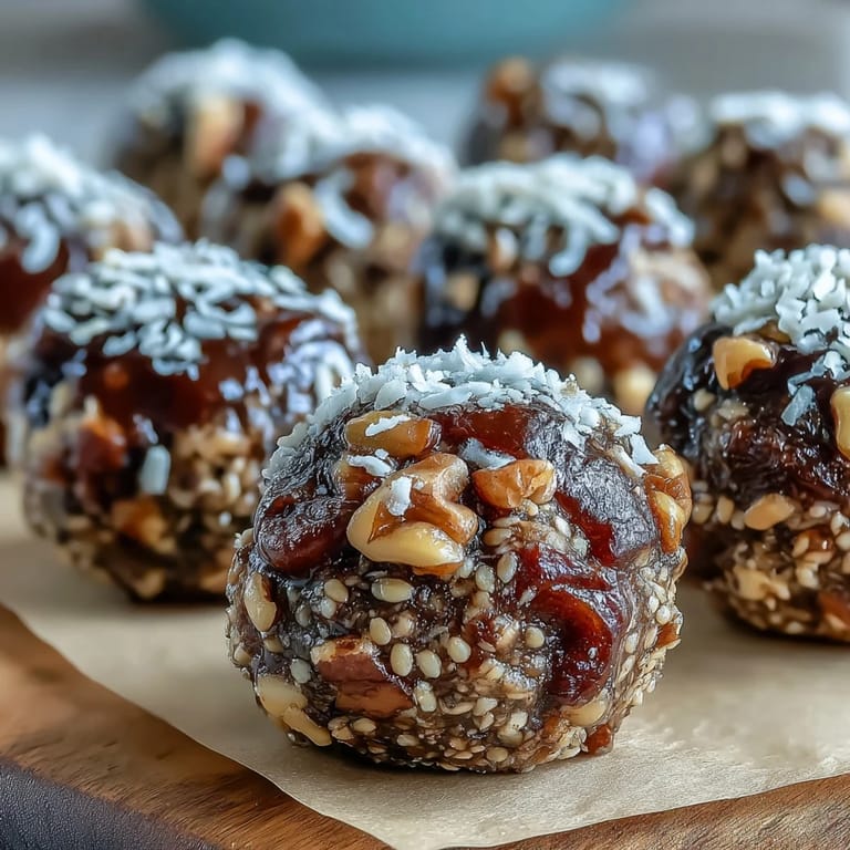 Handheld Tahini-Date Energy Balls arranged on parchment, sticky-sweet from dates with a creamy tahini center.