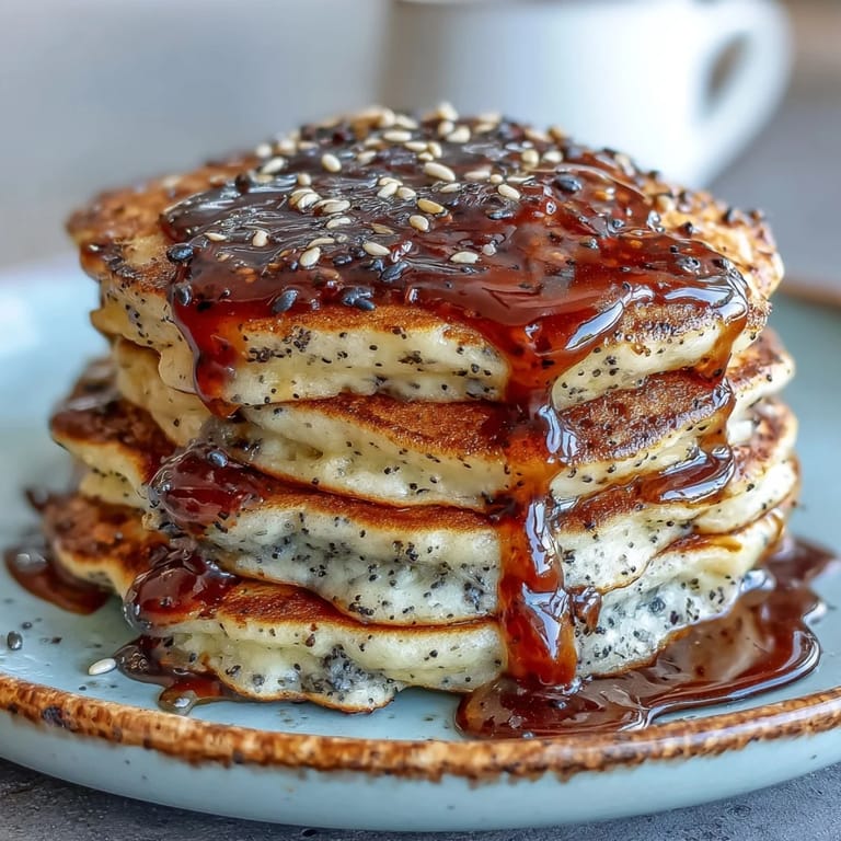 Stack of warm Black Sesame Pancakes drizzled with maple syrup and topped with fresh berries.