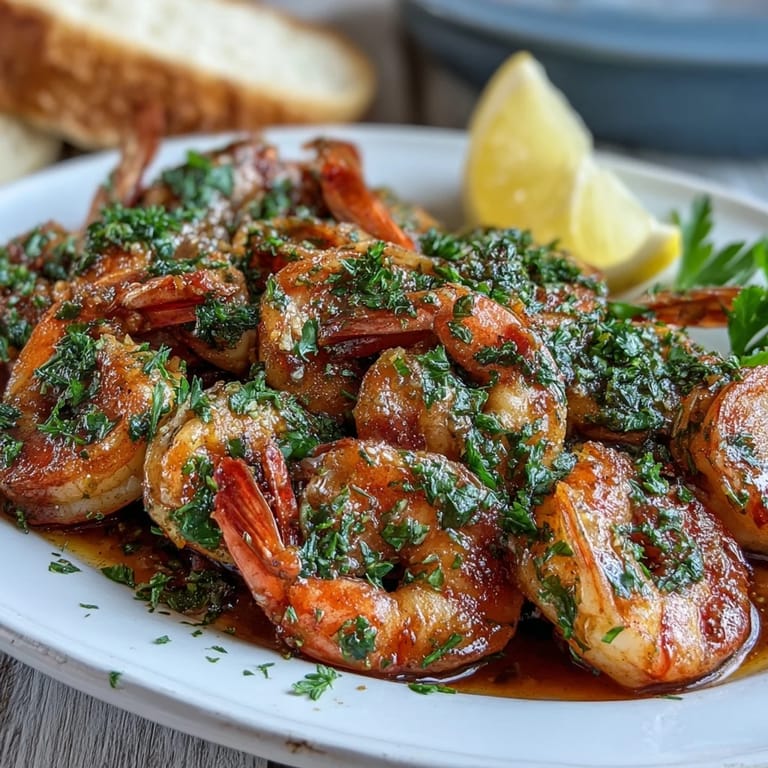 Succulent Garlic Butter Prawns plated on white ceramic with a garnish of parsley and lemon zest, drizzled with rich buttery sauce.